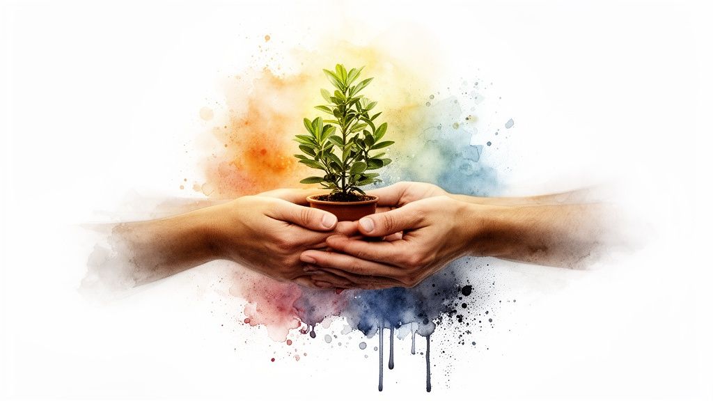 Two hands gently hold a small potted green plant amidst colorful watercolor splashes.