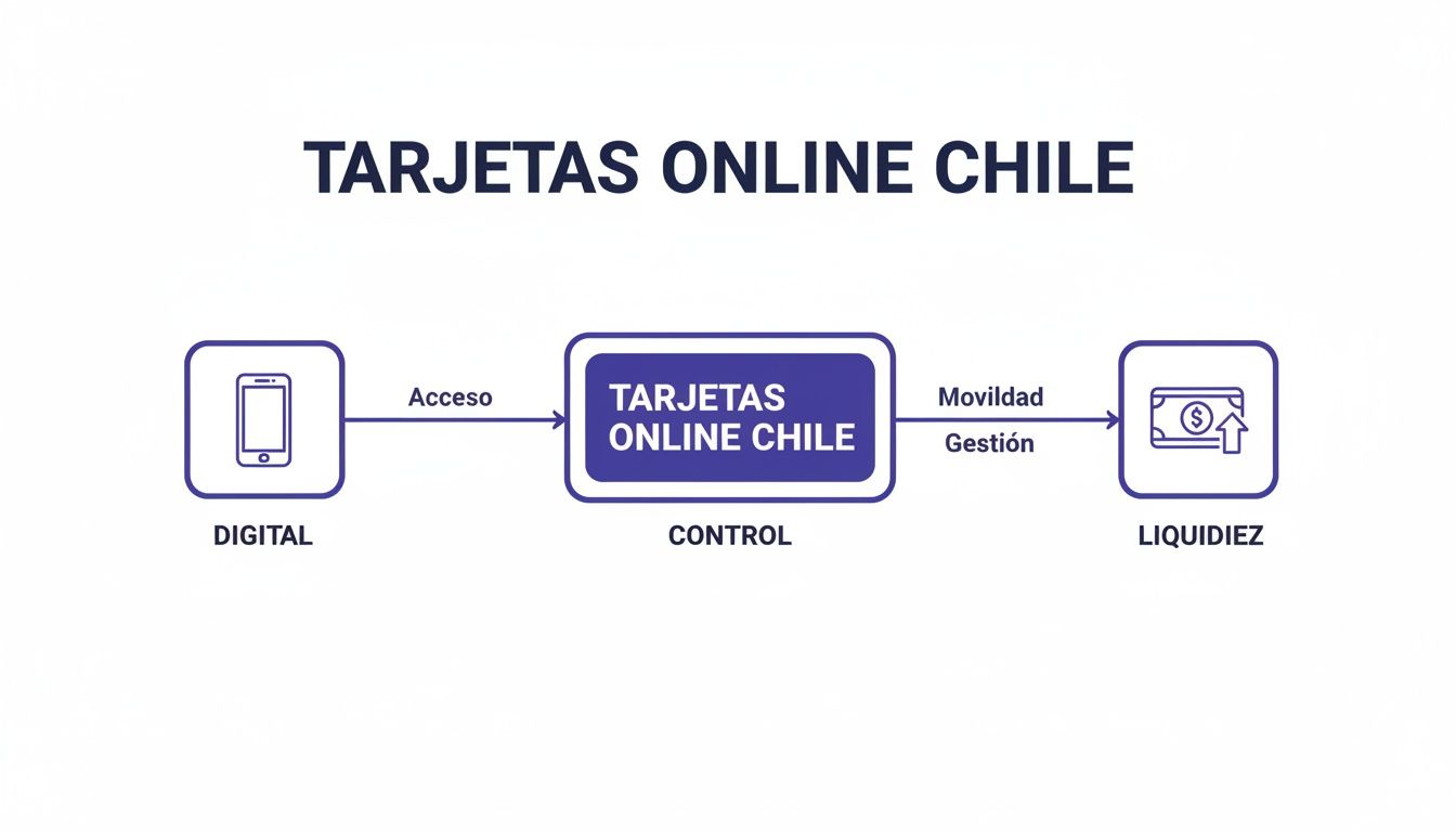 Diagrama de flujo que muestra el proceso de tarjetas online en Chile, desde lo digital hasta la liquidez.