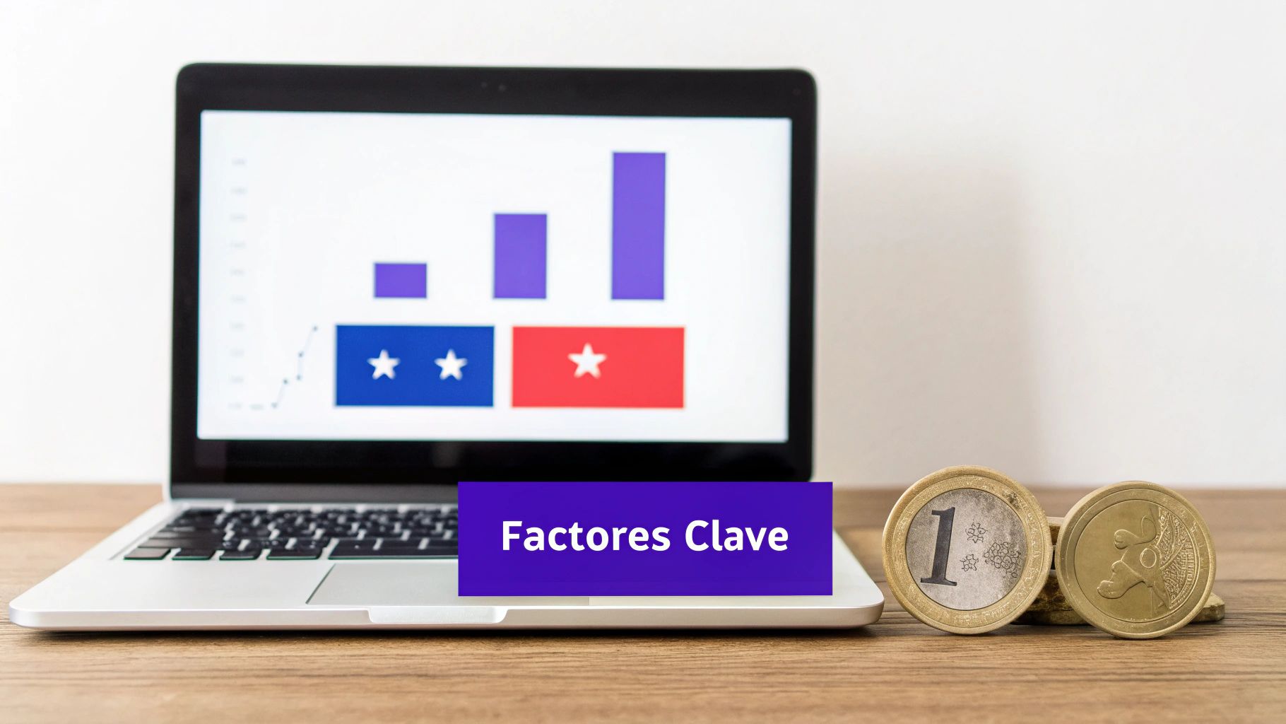 Laptop mostrando un gráfico de barras y estrellas junto a monedas de euro, con texto "Factores Clave", simbolizando análisis económico.