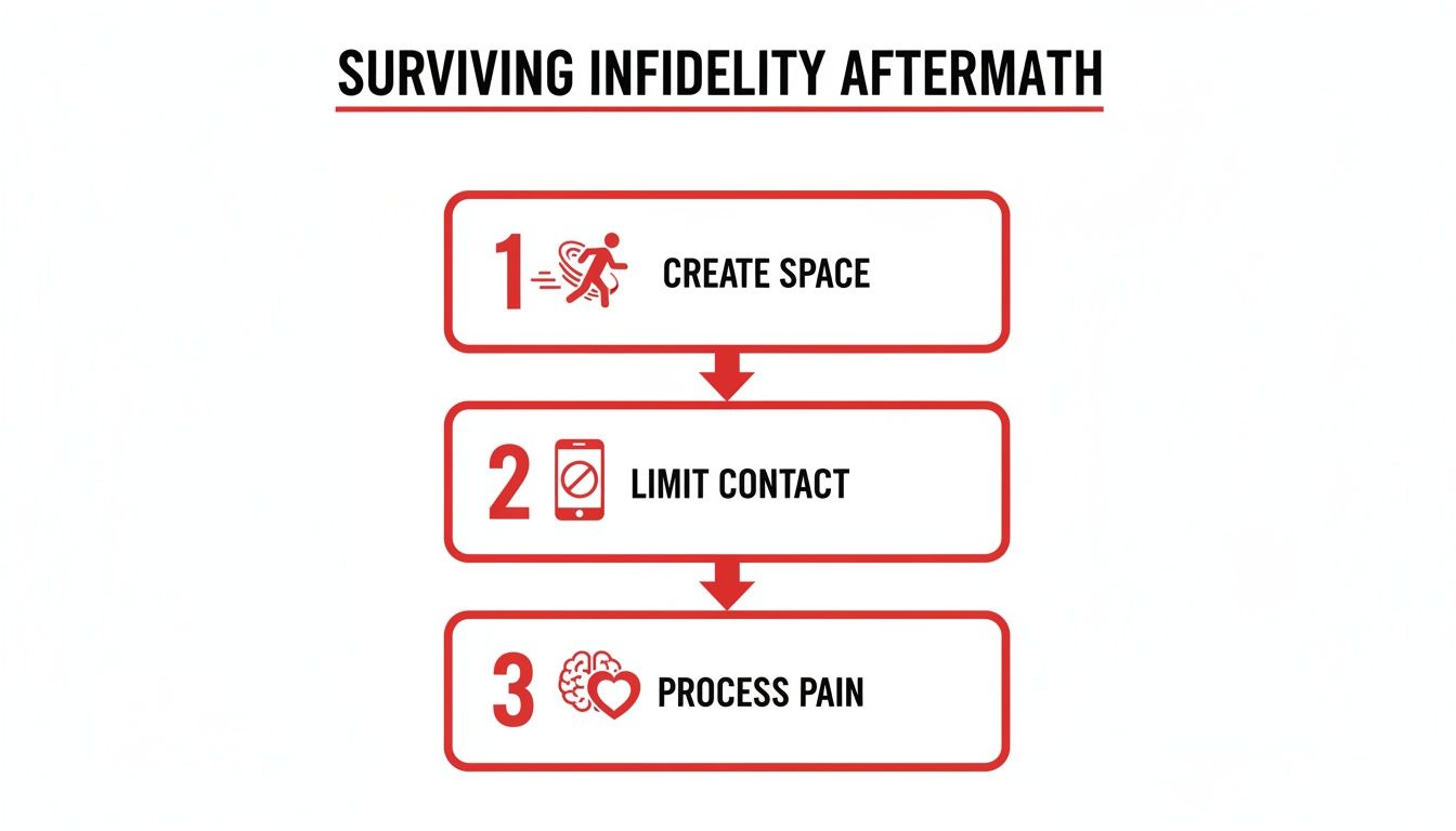 A three-step guide for surviving infidelity aftermath: create space, limit contact, and process pain.