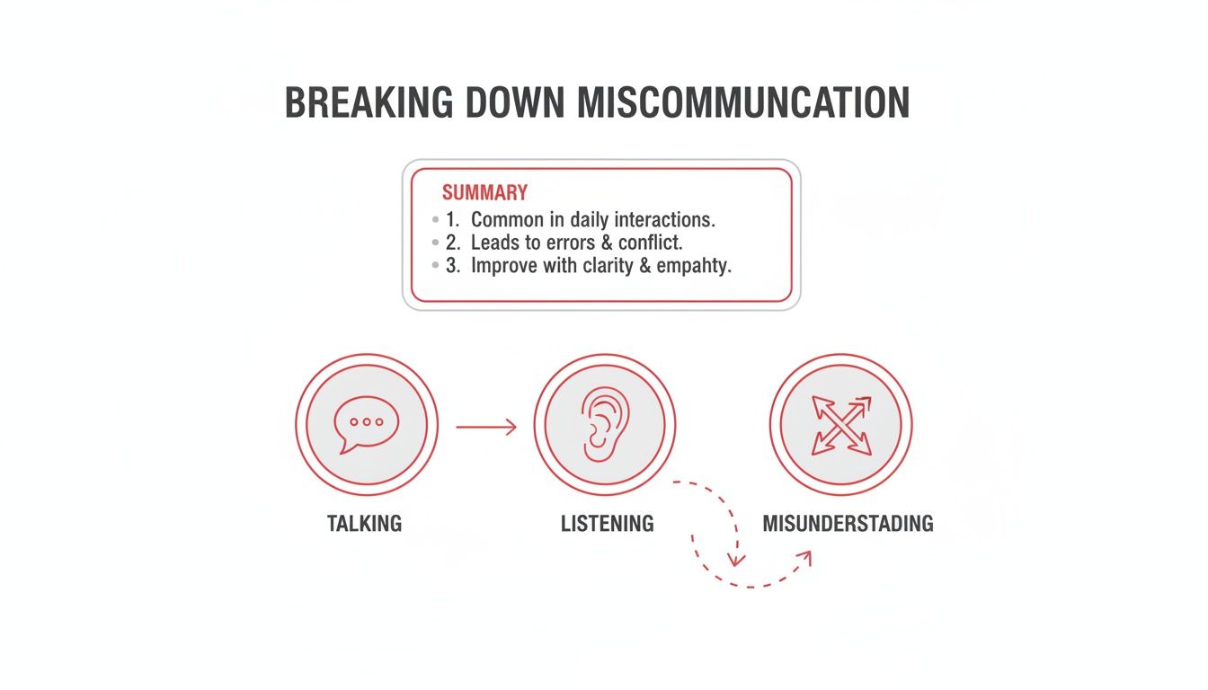 Diagram illustrating the process of miscommunication from talking to misunderstanding, with a summary.