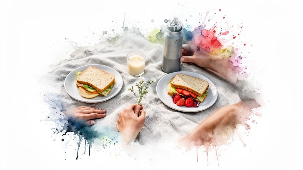 Hands exchanging flowers over a picnic blanket with sandwiches, a candle, and a water bottle.