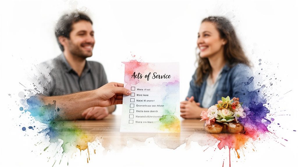 Man presents an 'Acts of Service' checklist to a smiling woman during a bonding activity.