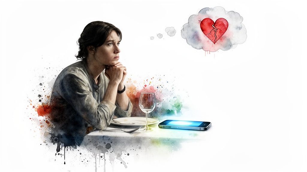 A pensive person at a table with a glowing smartphone and a thought bubble showing a broken heart.