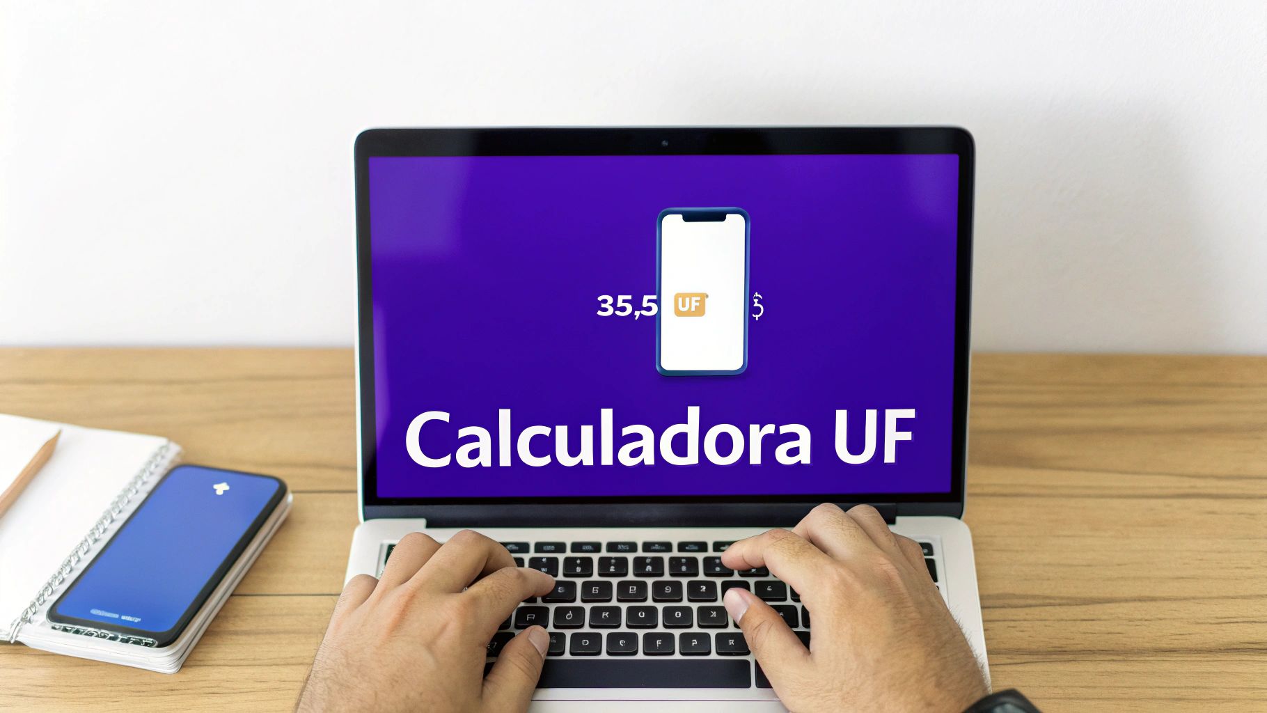 Hombre usando un portátil con la aplicación 'Calculadora UF' abierta, mostrando 35,5 UF en la pantalla.