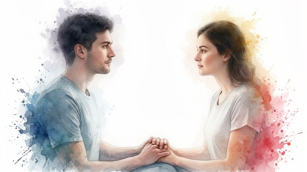 A watercolor illustration of a man and woman facing each other, holding hands amidst colorful splatters.