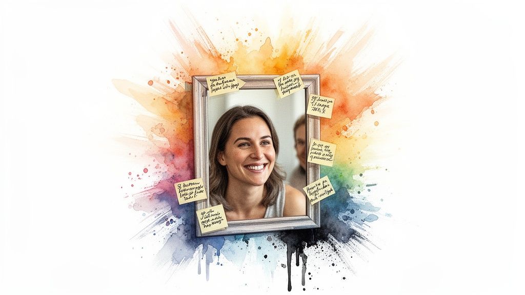 A smiling woman looks in a mirror surrounded by colorful paint and positive sticky notes.