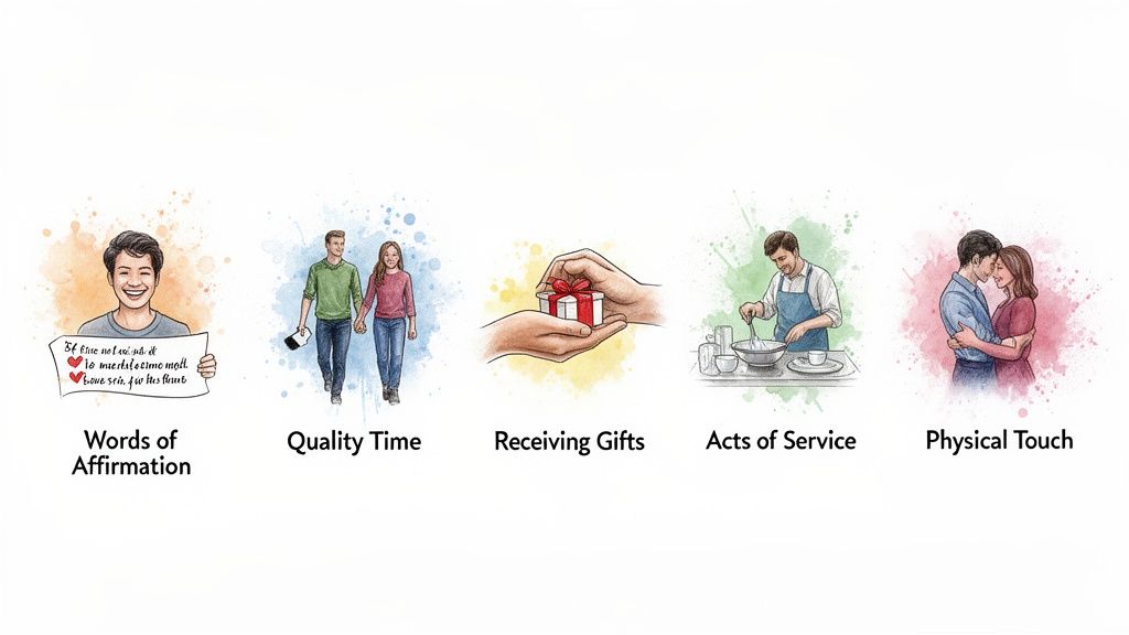 Illustration of the five love languages: words of affirmation, quality time, receiving gifts, acts of service, and physical touch.
