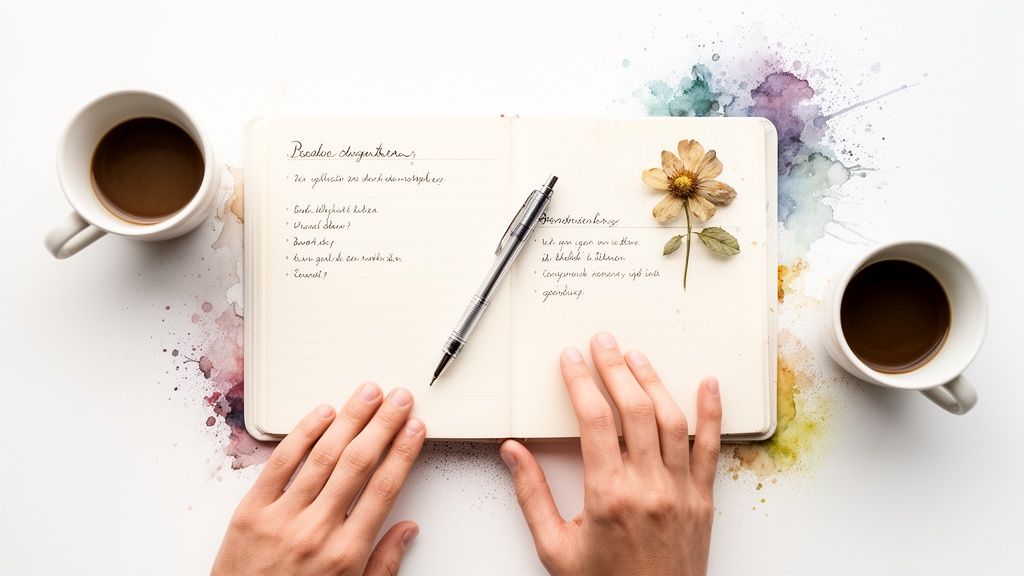 Overhead view of hands writing in a journal, flanked by coffee cups, a pen, and a dried flower, with watercolor accents.