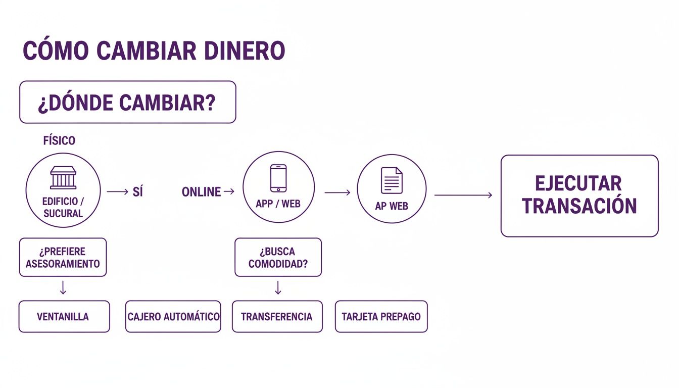 Flujograma que ilustra el proceso para cambiar dinero, ofreciendo opciones físicas en sucursal y online vía app.