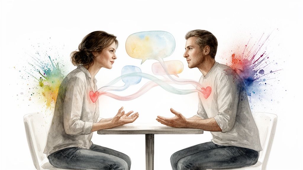 Watercolor illustration of a man and woman communicating, with hearts connected by emotional waves and speech bubbles.