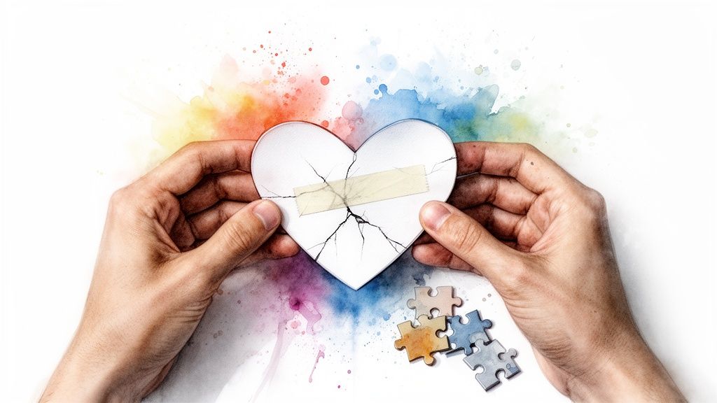 Hands gently hold a cracked white heart mended with tape, surrounded by vibrant watercolor splashes and puzzle pieces, symbolizing healing.