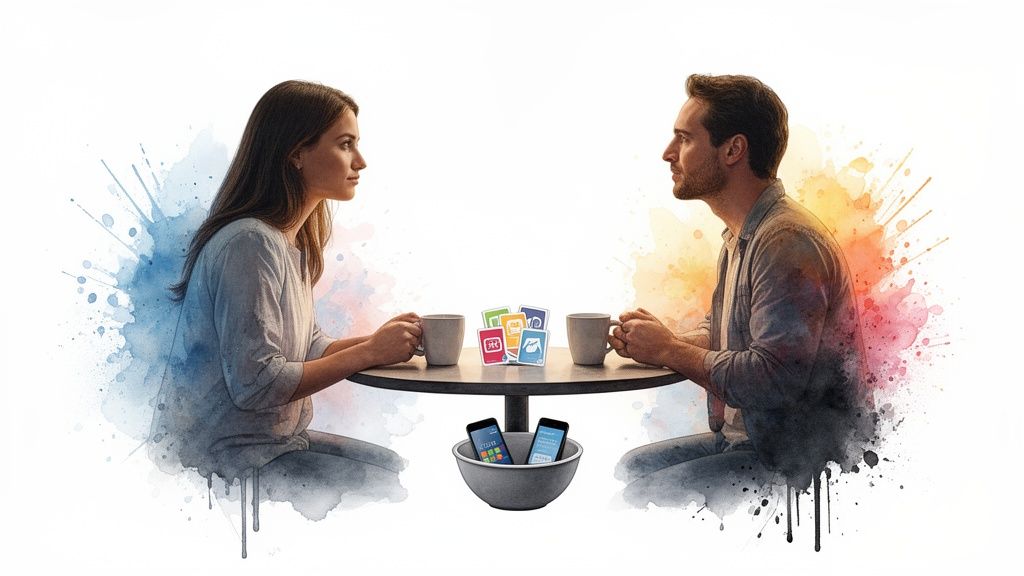 Two people sit at a table with mugs and cards, phones in a bowl, surrounded by watercolor splashes.