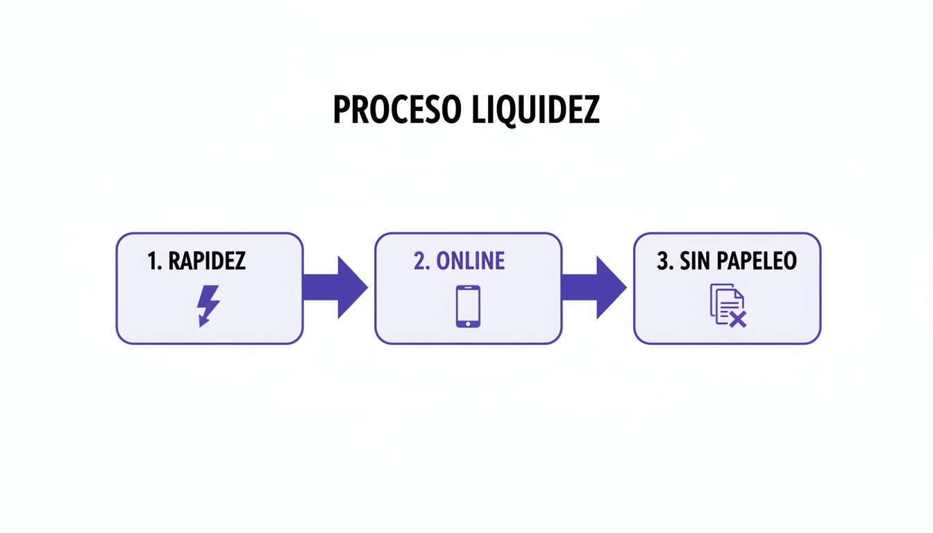 Diagrama de proceso de liquidez mostrando tres pasos clave: rapidez, online y sin papeleo.