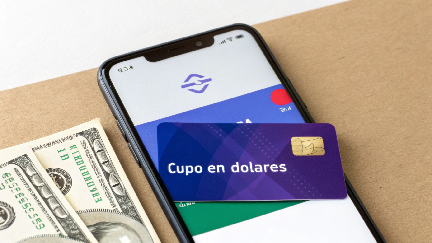 Teléfono con app bancaria mostrando tarjeta de crédito 'Cupo en dolares' junto a billetes de dólar.