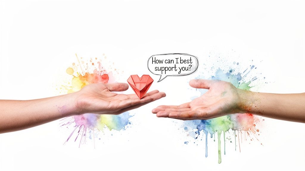 Two hands, one offering a red origami heart, with 'How can I best support you?' in a speech bubble.