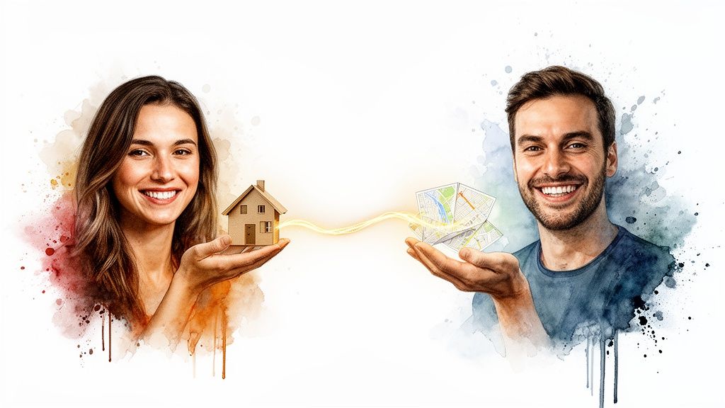 A smiling woman holding a house model and a man holding maps, connected by a glowing line.