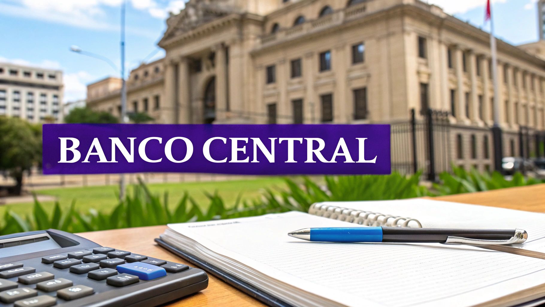 Banner morado con 'BANCO CENTRAL' frente a un edificio clásico, con calculadora y cuaderno.