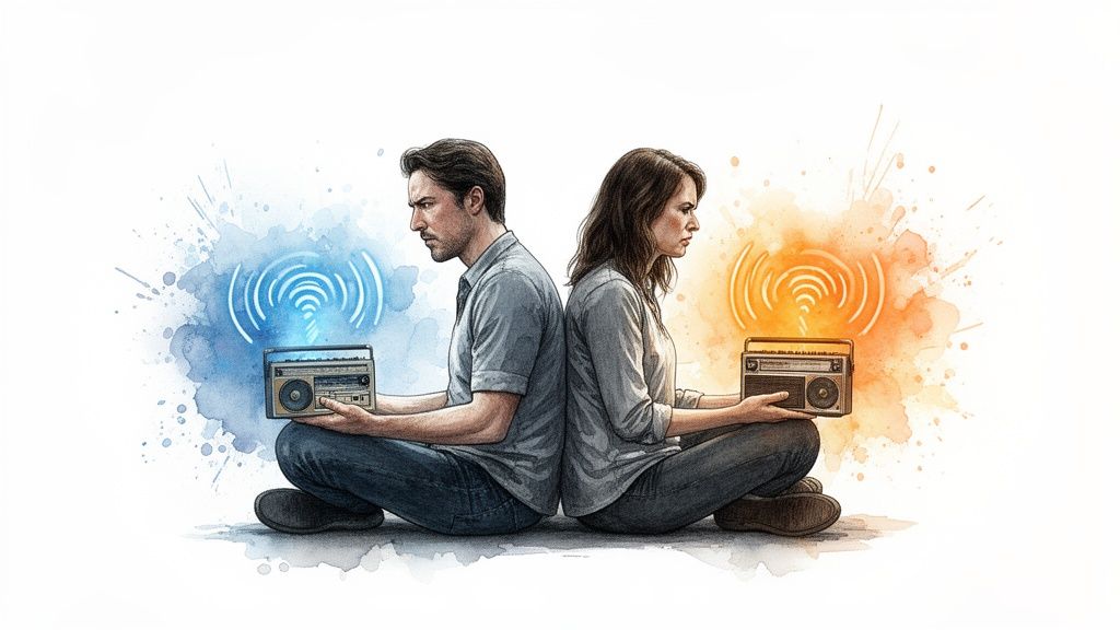 Man and woman sitting back to back, each with a radio and radiating different colored signals.