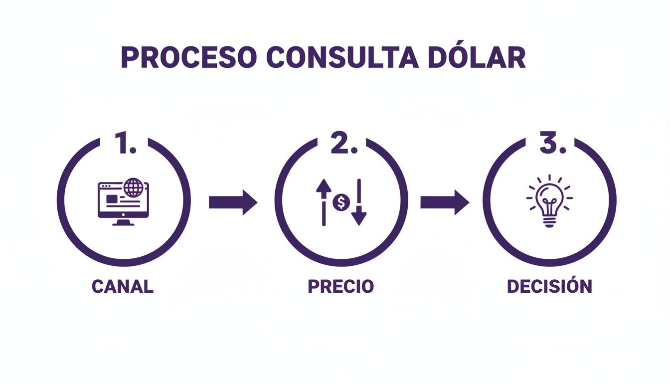 Diagrama de flujo que muestra el proceso de consulta del dólar: canal, precio y decisión.