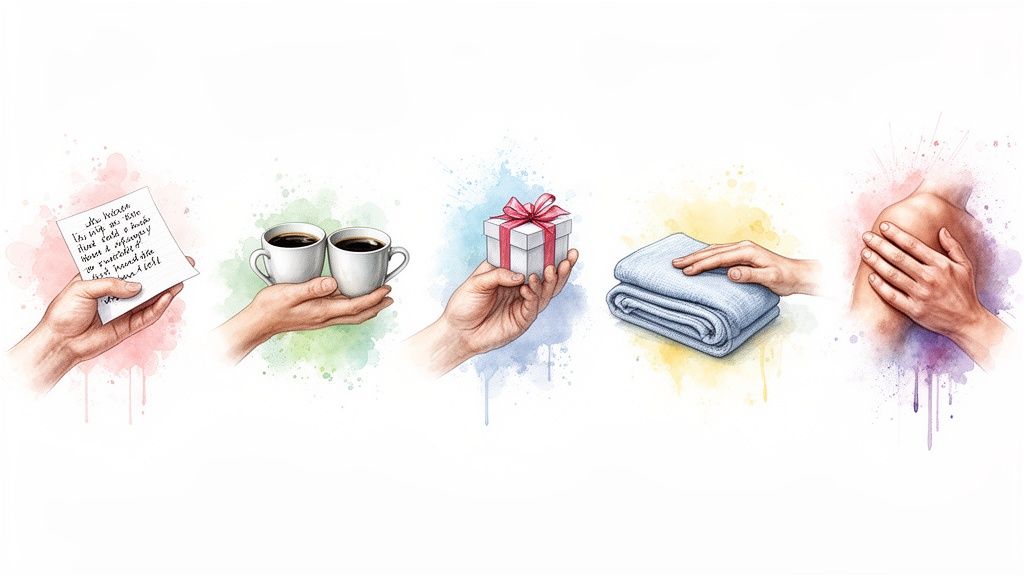 Five watercolor illustrations show hands offering a note, coffee, a gift, a blanket, and providing comfort to a knee.