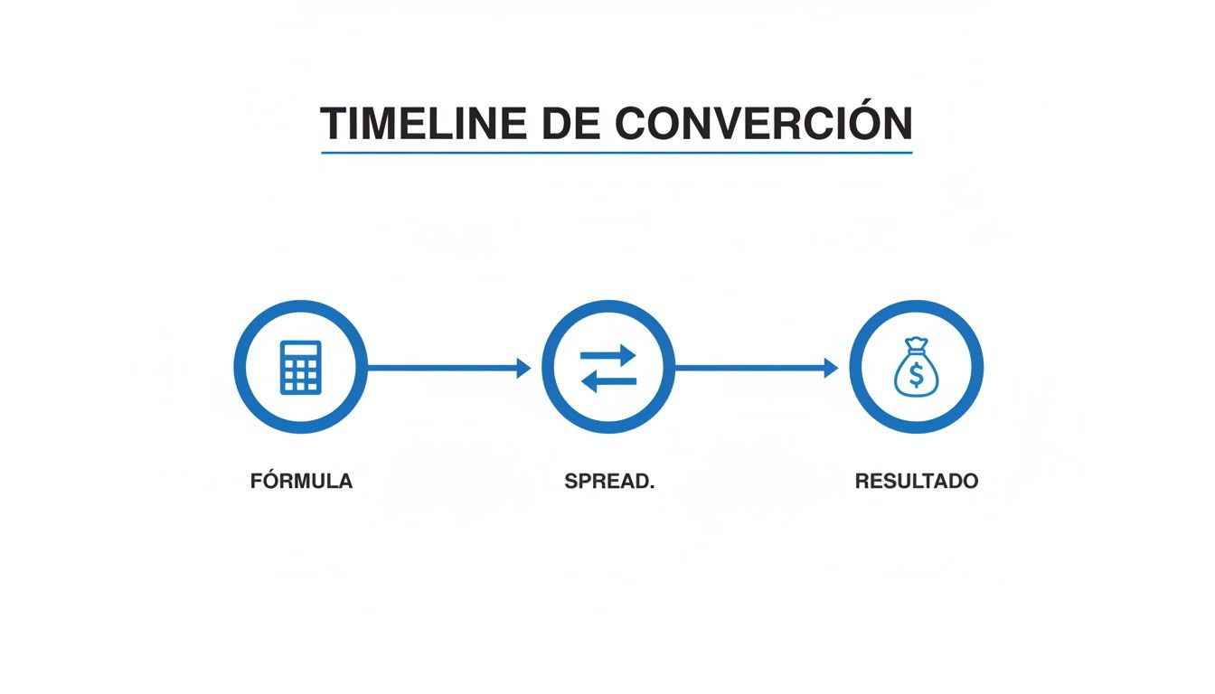 Línea de tiempo de conversión mostrando tres pasos: fórmula, spread y resultado financiero.