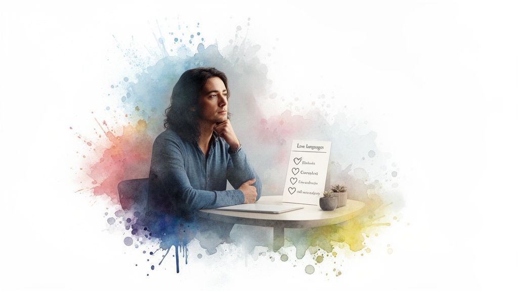 A thoughtful person sits at a table with a 'Love Languages' list and plants, surrounded by watercolor splashes.
