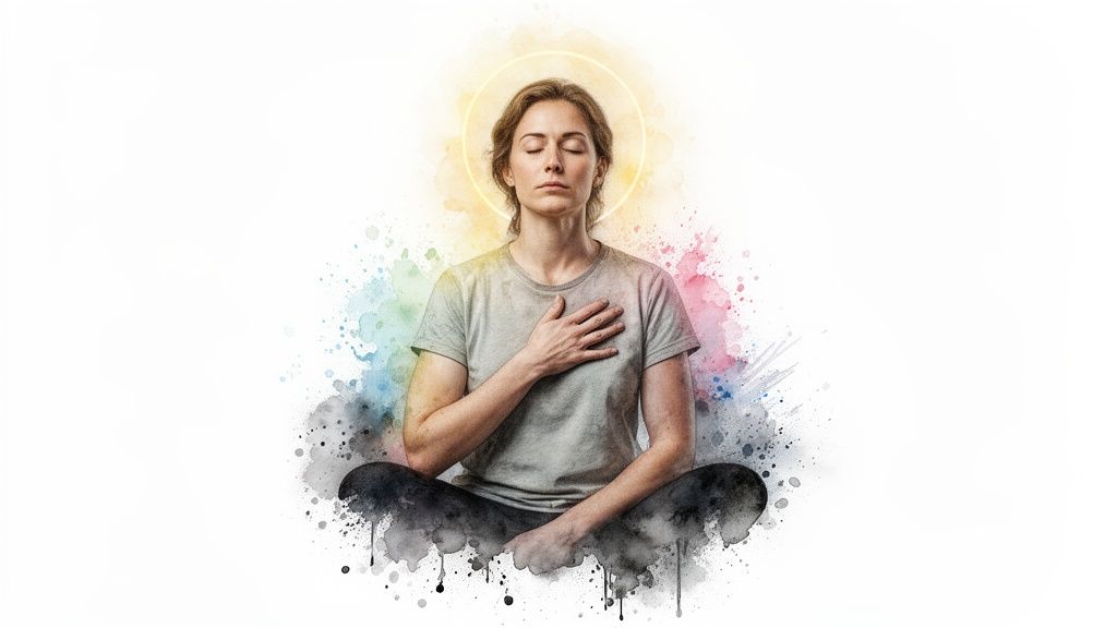 A woman meditating with eyes closed and hand on chest, with colorful watercolor splashes and a glowing halo.