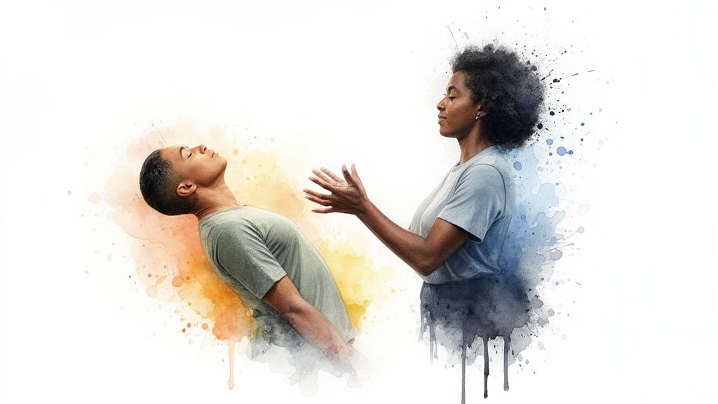 Watercolor art showing a man and woman in a trust exercise, with warm and cool color splashes.