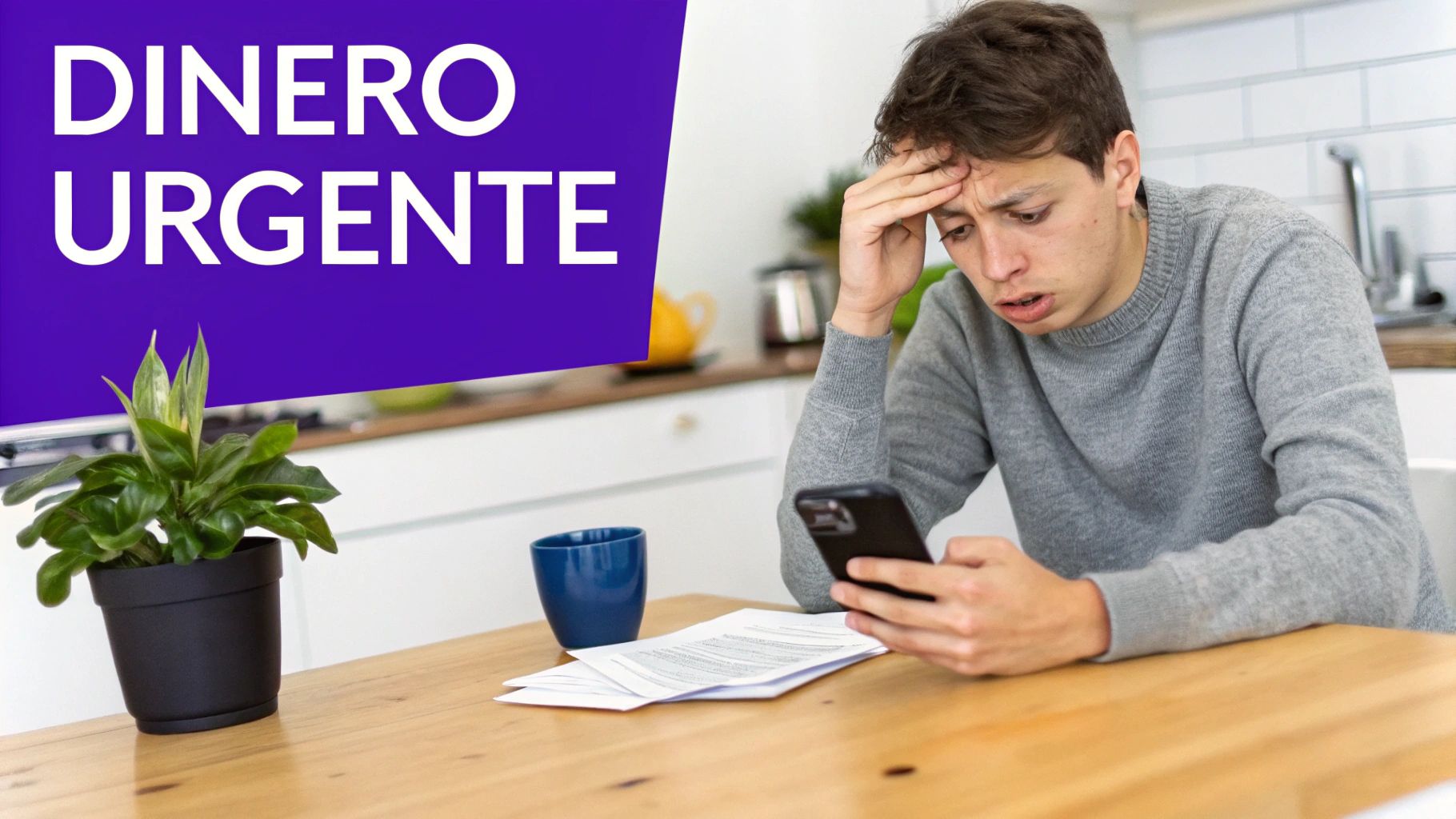 Joven preocupado revisando su teléfono con papeles en una mesa, y un cartel de 'DINERO URGENTE'.