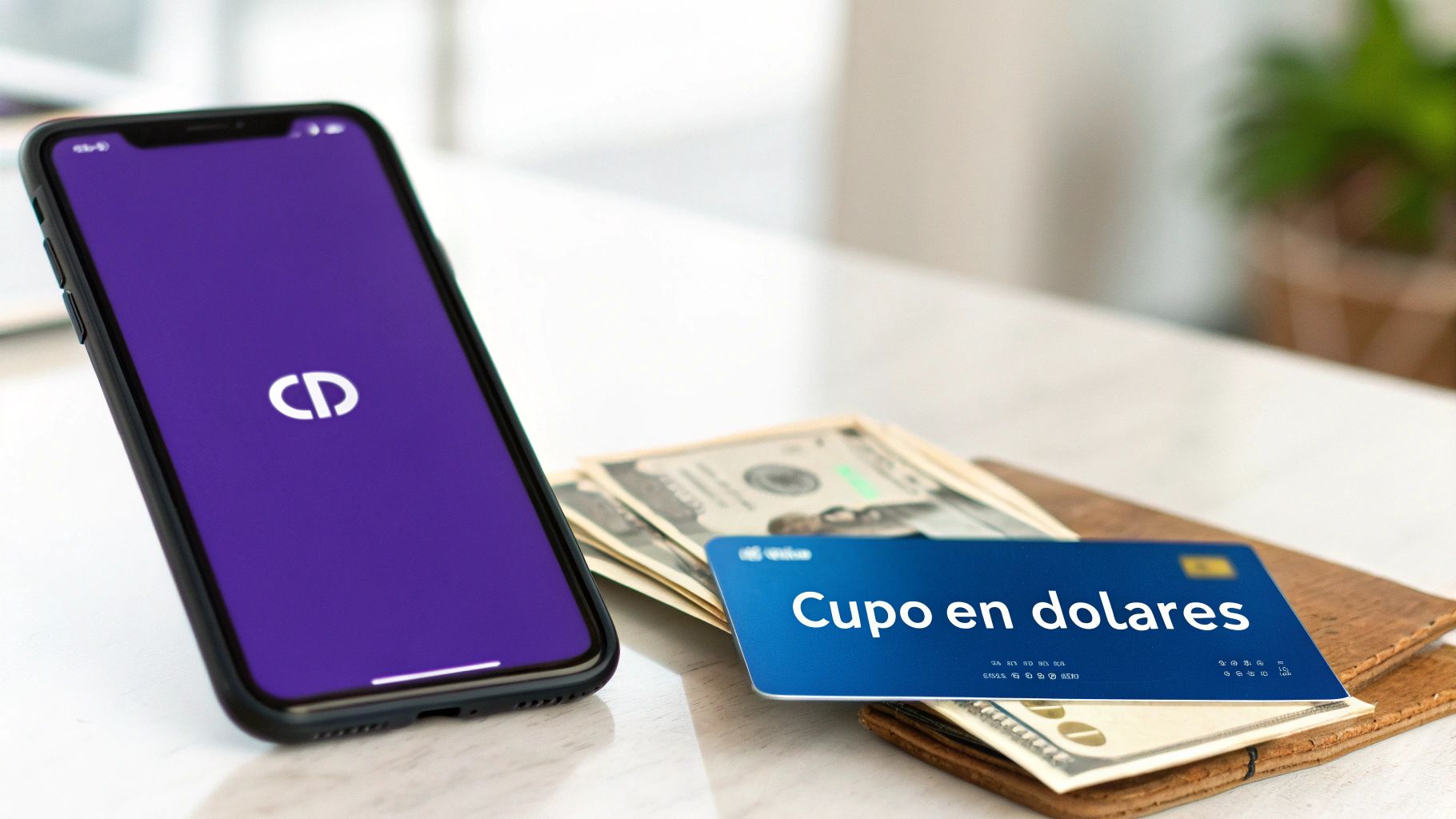 Un smartphone con logo CD, una tarjeta azul con 'Cupo en dolares' y billetes de dólar, sugiriendo gestión financiera.