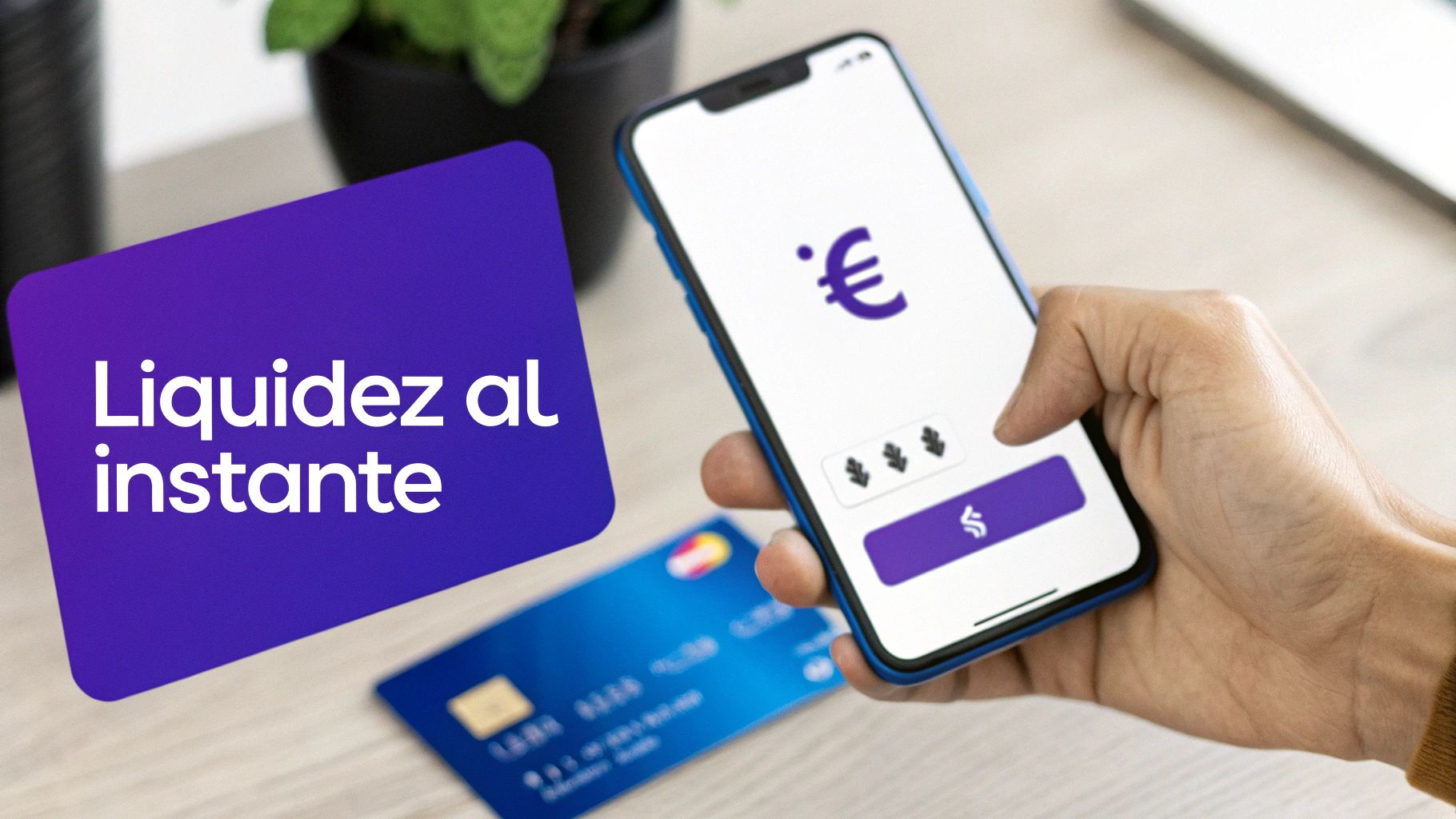 Mano usando un smartphone con aplicación bancaria para liquidez instantánea, con tarjeta de crédito en mesa.