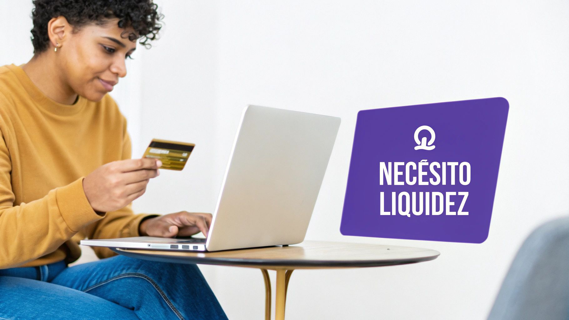 Mujer sonriente comprando en línea con tarjeta de crédito y laptop, con un mensaje de 'Necesito liquidez'.