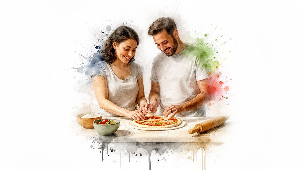 A happy couple smiles while preparing homemade pizza together on a table.