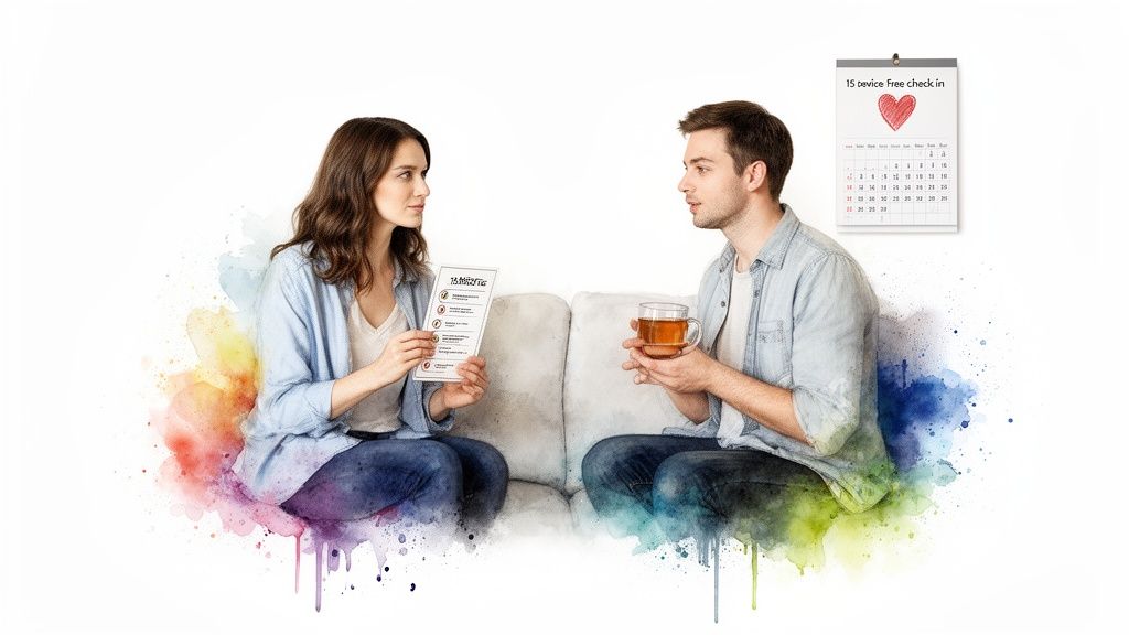 A man and woman discussing, woman holding a checklist, man holding tea, with a calendar.
