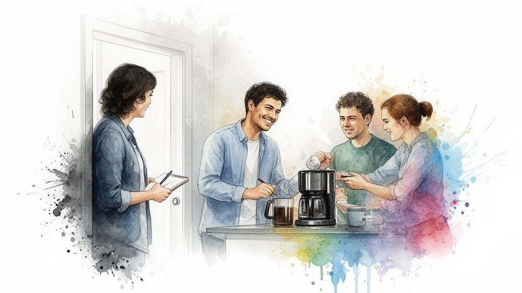 Four people, including a woman with a notebook, gathered around a coffee maker, making coffee and socializing.
