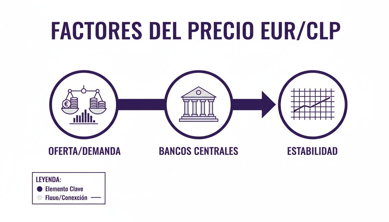 Diagrama que muestra los factores clave que influyen en el precio EUR/CLP: oferta/demanda, bancos centrales y estabilidad.