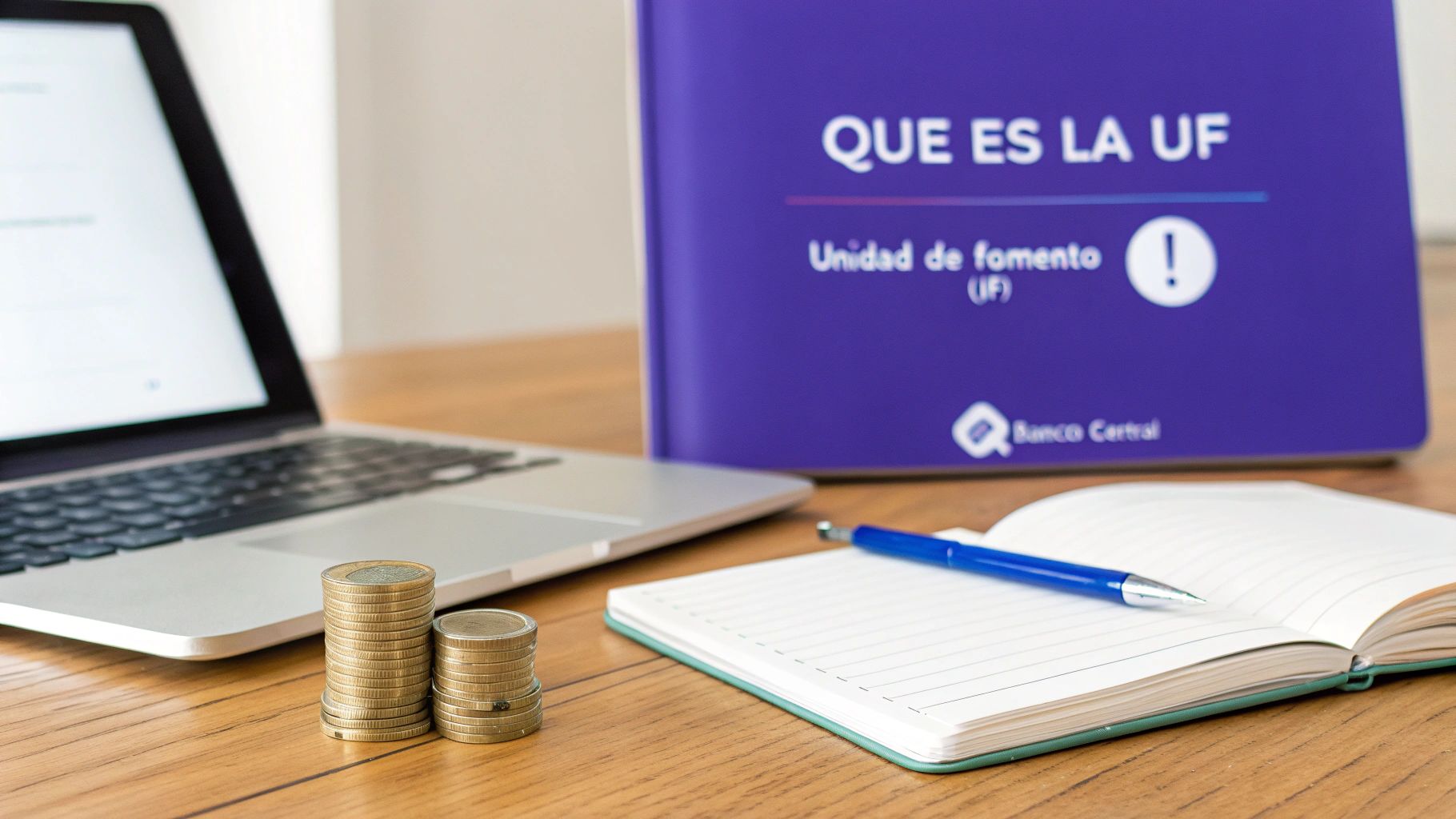 Mesa con laptop, monedas, cuaderno, bolígrafo y un folleto sobre la Unidad de Fomento (UF) del Banco Central.