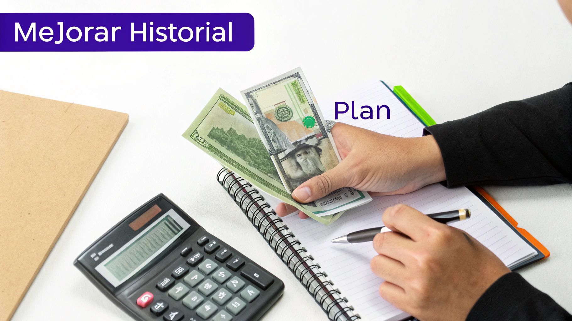 Persona planificando finanzas con dinero, calculadora y cuaderno, para mejorar su historial crediticio.