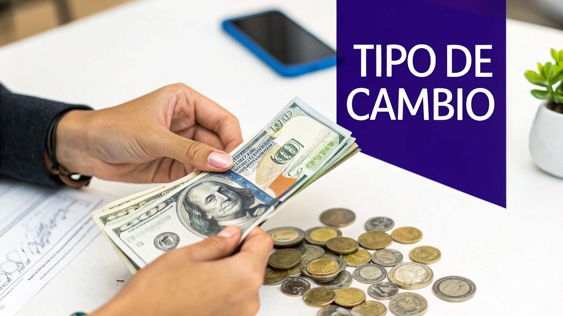 Manos sosteniendo billetes de dólar y monedas, con el texto 'Tipo de Cambio' en un fondo azul.
