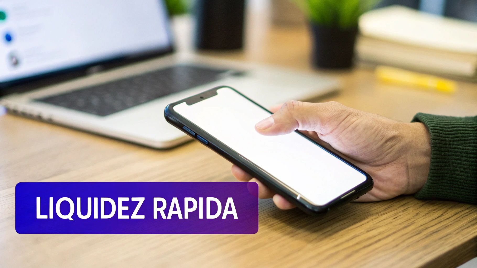 Mano sosteniendo un smartphone con pantalla blanca junto a un portátil en un escritorio de madera. Texto: 'Liquidez Rápida'.
