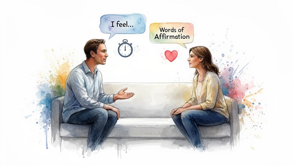 Watercolor illustration of a couple discussing feelings and words of affirmation, representing love languages.