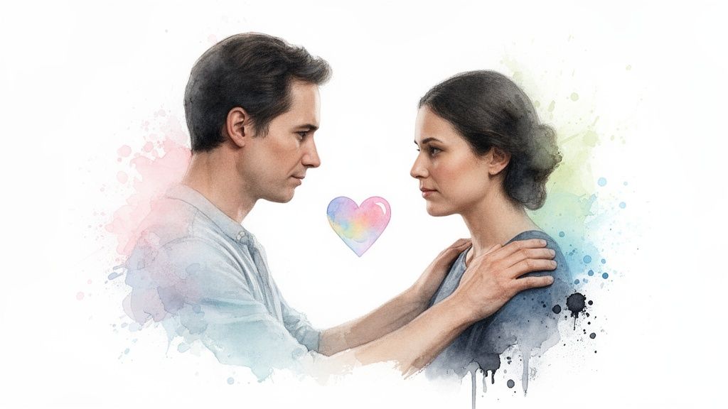 A man and woman gaze intensely at each other, his hands gently on her shoulders, with a soft watercolor heart between them.
