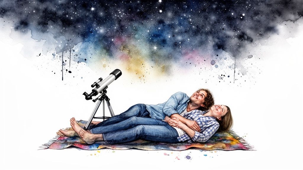 A romantic couple lies on a blanket, stargazing at a watercolor galaxy with a telescope nearby.
