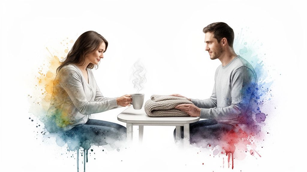 A man and a woman exchange a warm drink and a cozy blanket, surrounded by watercolor splashes.