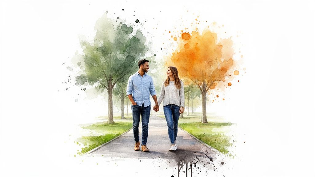 A watercolor image of a smiling couple holding hands, walking on a path surrounded by trees.