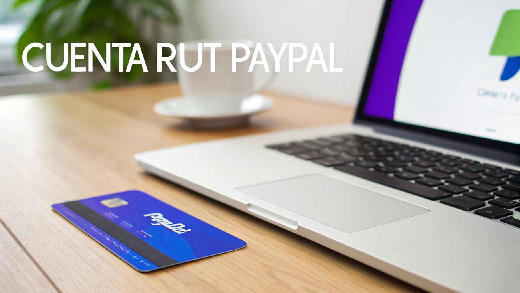 Una tarjeta PayPal con una computadora portátil y una taza de café en un escritorio de madera, destacando 'Cuenta RUT PayPal'.