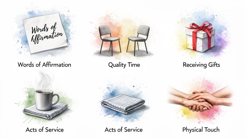 Visual representations of the five love languages: words of affirmation, quality time, receiving gifts, acts of service, and physical touch.