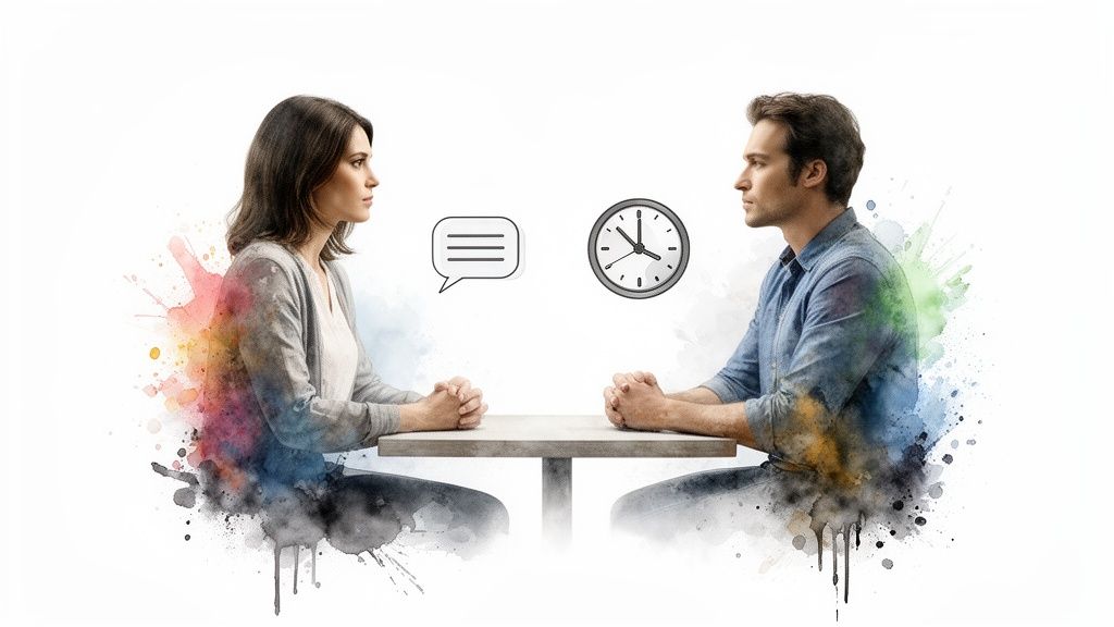 A man and a woman sitting at a table with a speech bubble and a clock, symbolizing communication and time.