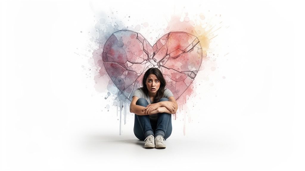 A distressed woman sits, hugging her knees, in front of a shattered watercolor heart on white.